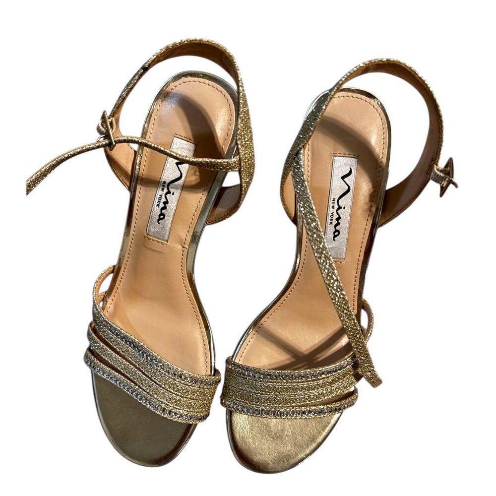 Nina New‎ York Womens Gold Glitter Strappy Stiletto Heel Sandals Size 6M